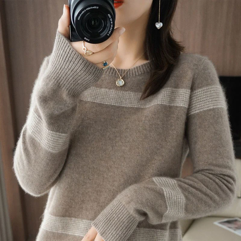 Autumn Winter Elegant Fashion Patchwork Warm Sweater Lady Long Sleeve All-match Jumper Knitting Top Women Loose Casual Pullover