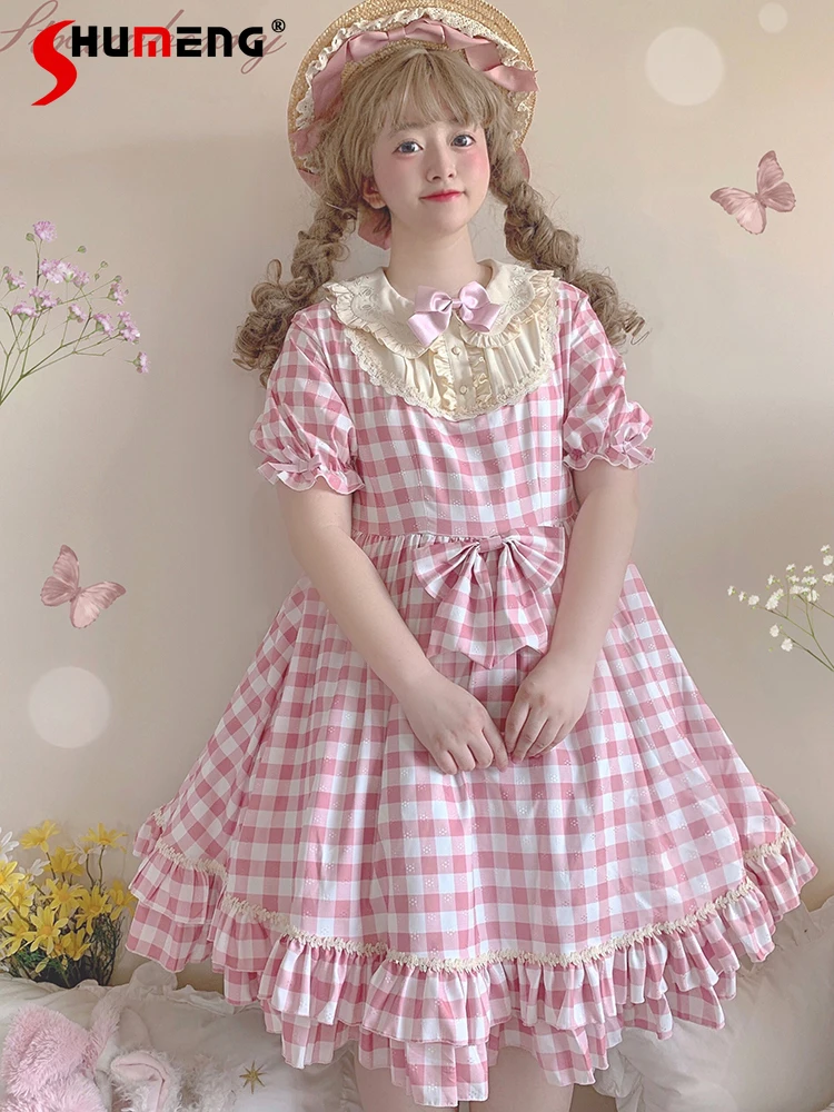 

Japanese Sweet Elegant Retro Lolita Plaid Dress Embroidered Doll Collar Bow Flare Short Sleeve High Waist A-line Dress Women