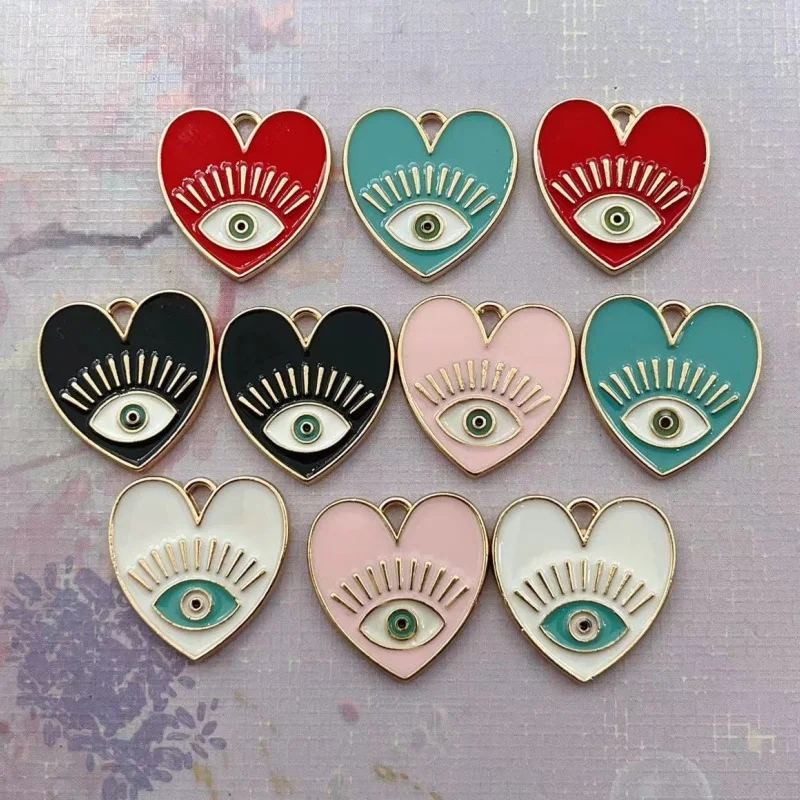 10pcs Gold Color 20x20mm Cute Enamel Heart Eye Charms Eyelash Pendant Fit Necklaces DIY Handmade Jewelry Making Finding Supplies