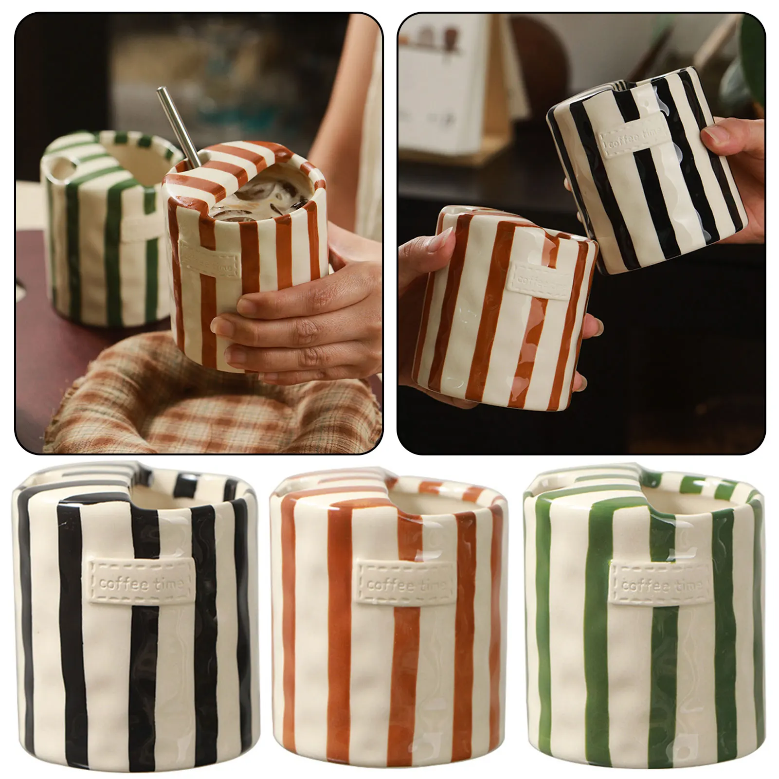 

Vintage Striped Hand-painted Ceramic Coffee Mug Perfect For Office, Home, Or Gifts. Stylish Kitchen Display