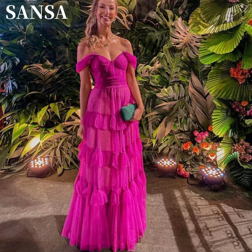 

Sansa Rose Pink فساتين السهرة Off the Shoulder Tulle A-line Vestidos De Noche Elegant Sleeveless Multilayer Prom Dresses 2024