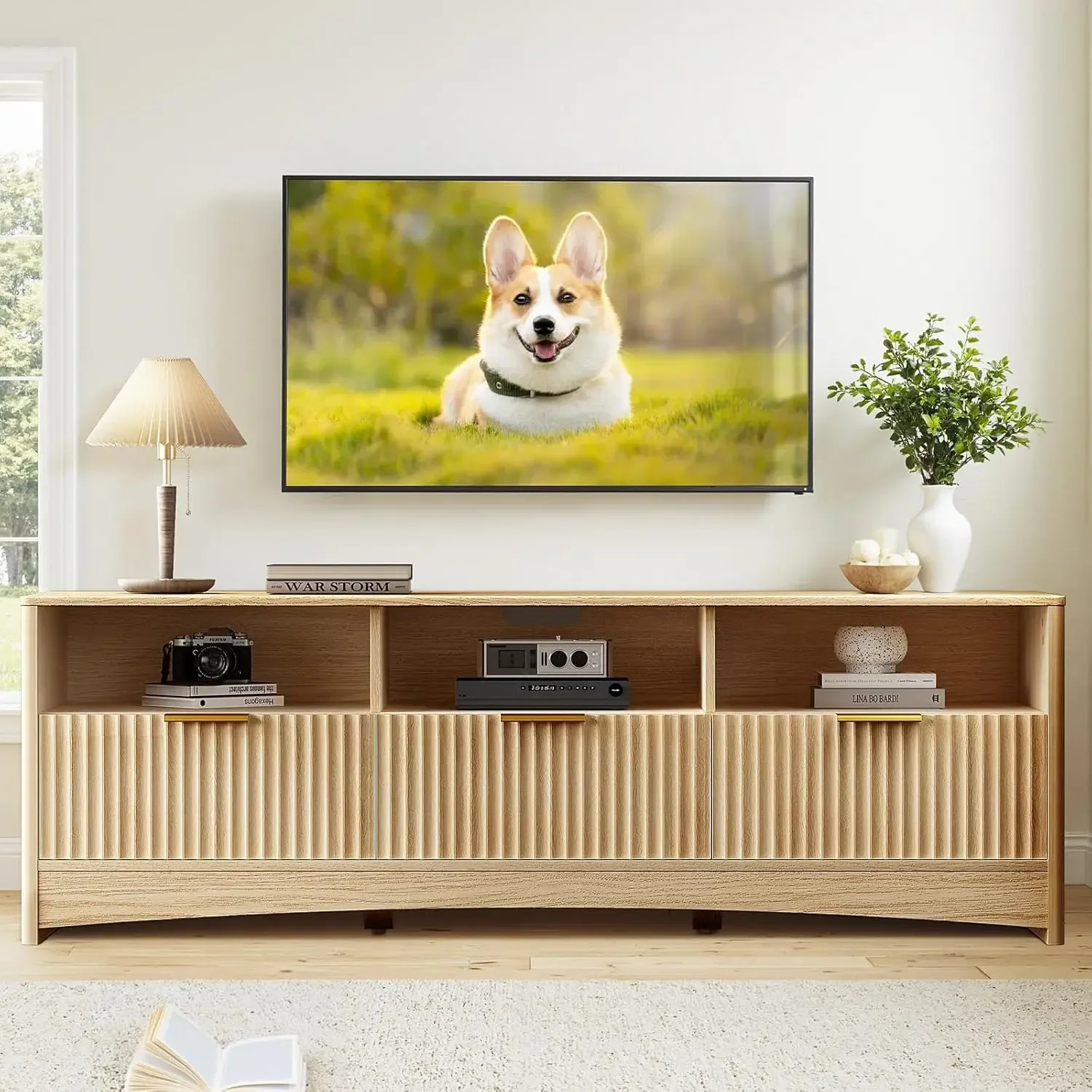 59″ Wide TV Stand for TVs Up to 65″, Modern Entertainment Center with Fluted Panels, 3 Easy-Sliding Drawers, Open Shelves & Cabl