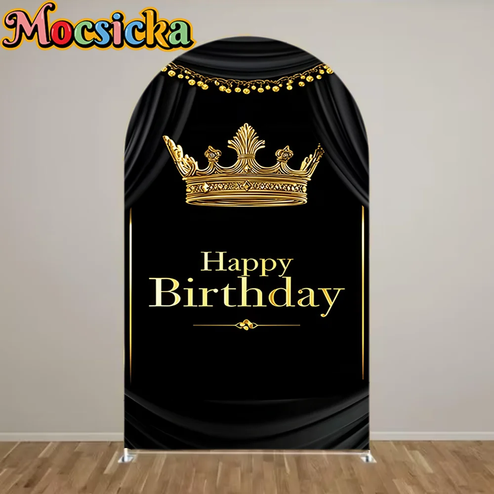 Mocsicka Gold Crown Happy Birthday Arch Backdrop Cover Luxury Theme Party Decor Photo Booth Background Celebration Supplies
