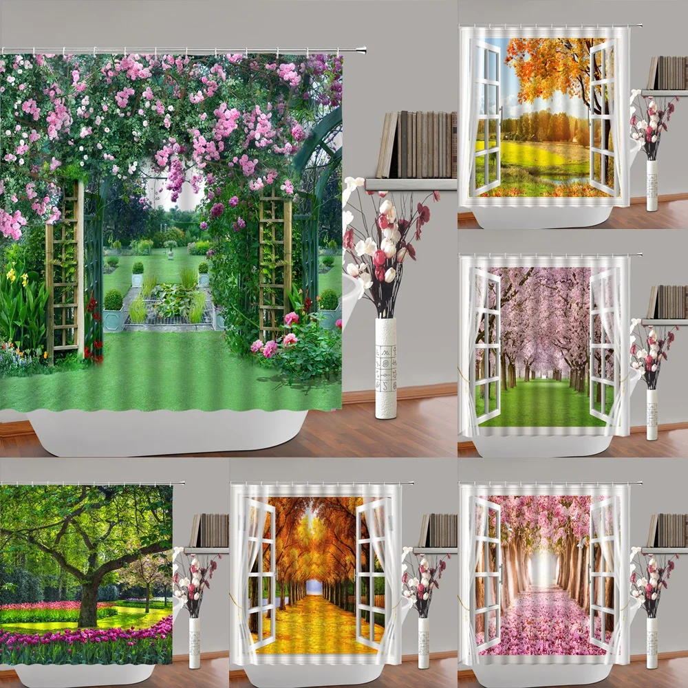 Flowers Garden Scenery Shower Curtain Floral Plant Forest Trees Road Maple Leaves Bath Curtains Waterproof Fabric Bathroom Decor