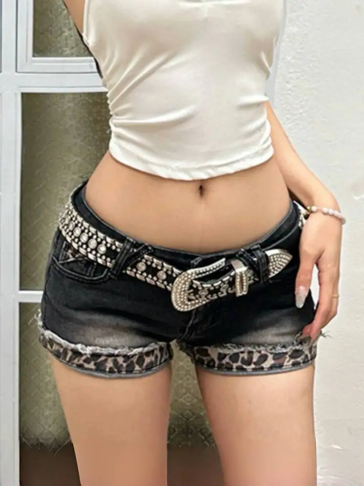 Sexy Splicing Leopard Print Jeans Denim Shorts Women's Low Waist Hips Straight Skinny Y2k Shorts