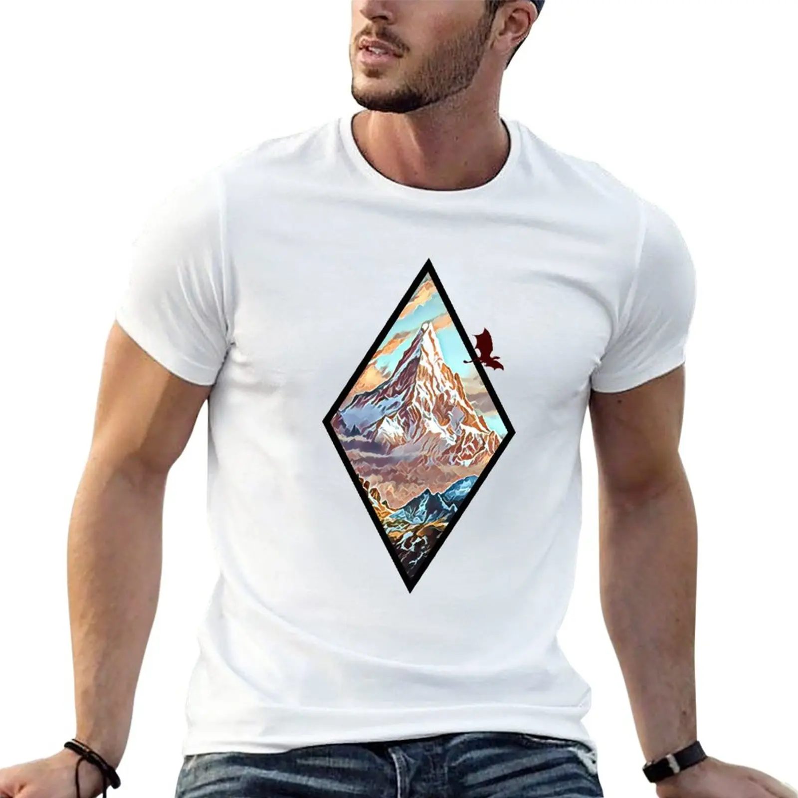 

The Lonely Mountain - Dragon - Diamond Frame - White Fantasy T-Shirt funnys Tee shirt Men's cotton t-shirt