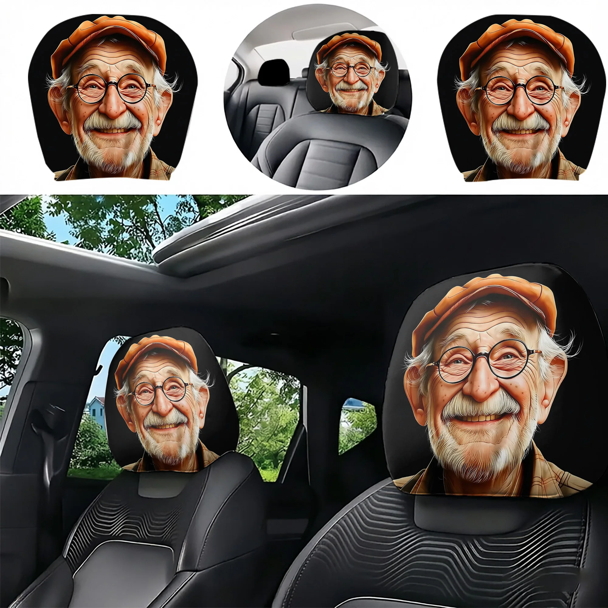 2pcs Car Headrest Covers Featuring a Cheerful Old Man Design, Adding charming Personality to Your Car. Does Not Include filling.