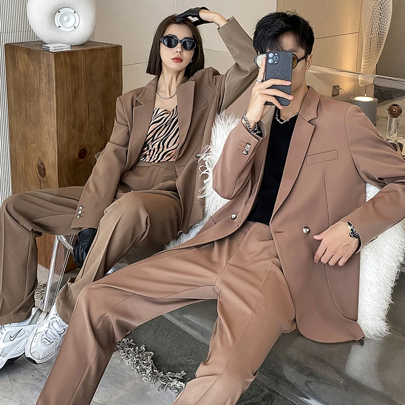 Men Women 2 PCS Sets Couple Suits Sets Streetwear Fashion Business Casual Loose Office Suits Jacket Pant Women Oversize Suits