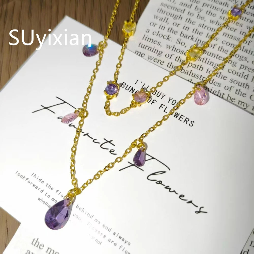 925 Sterling Silver Fashion Vintage Double Layer Stacked Water Drop Zircon Pendant Necklace Birthday Anniversary Gift