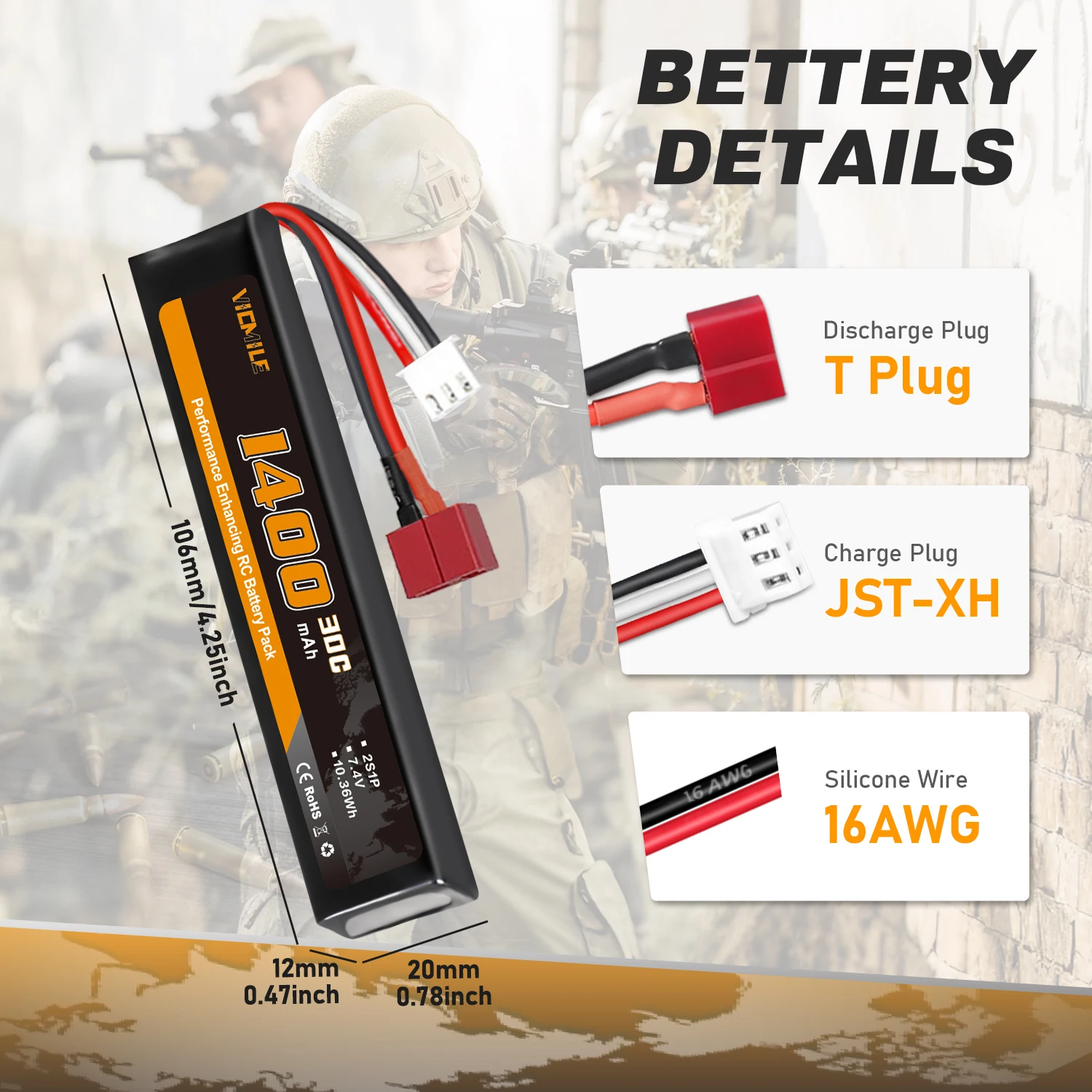 Baterai Airsoft VICMILE 7.4V 1400mAh ipo dengan Deans T Plug 30C Tingkat Pengosongan Tinggi 2S Baterai Lipo untuk Model Senjata Airsoft.