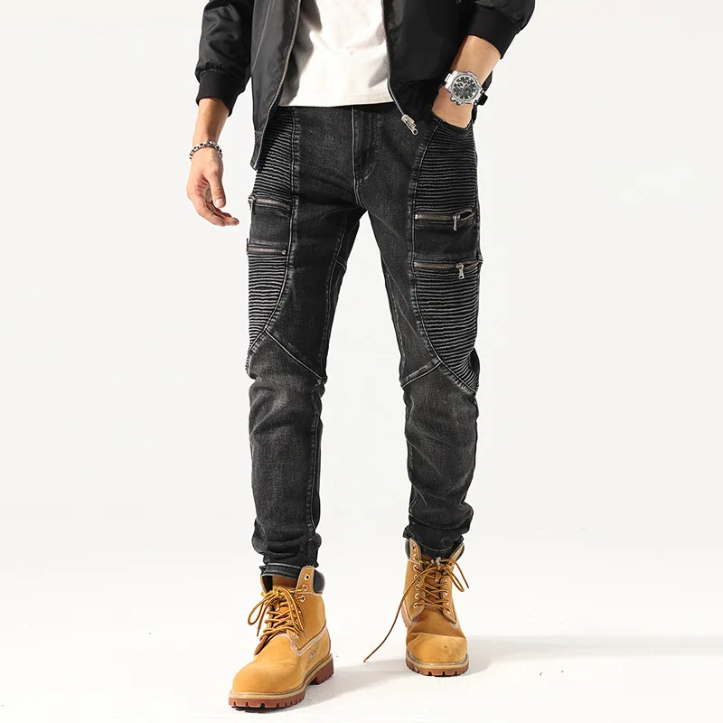 Streetwear Fashion Men Jeans Retro Black Gray Spliced Slim Fit Biker Jeans Homme Zipper Designer Stretch Hip Hop Pants Hombre