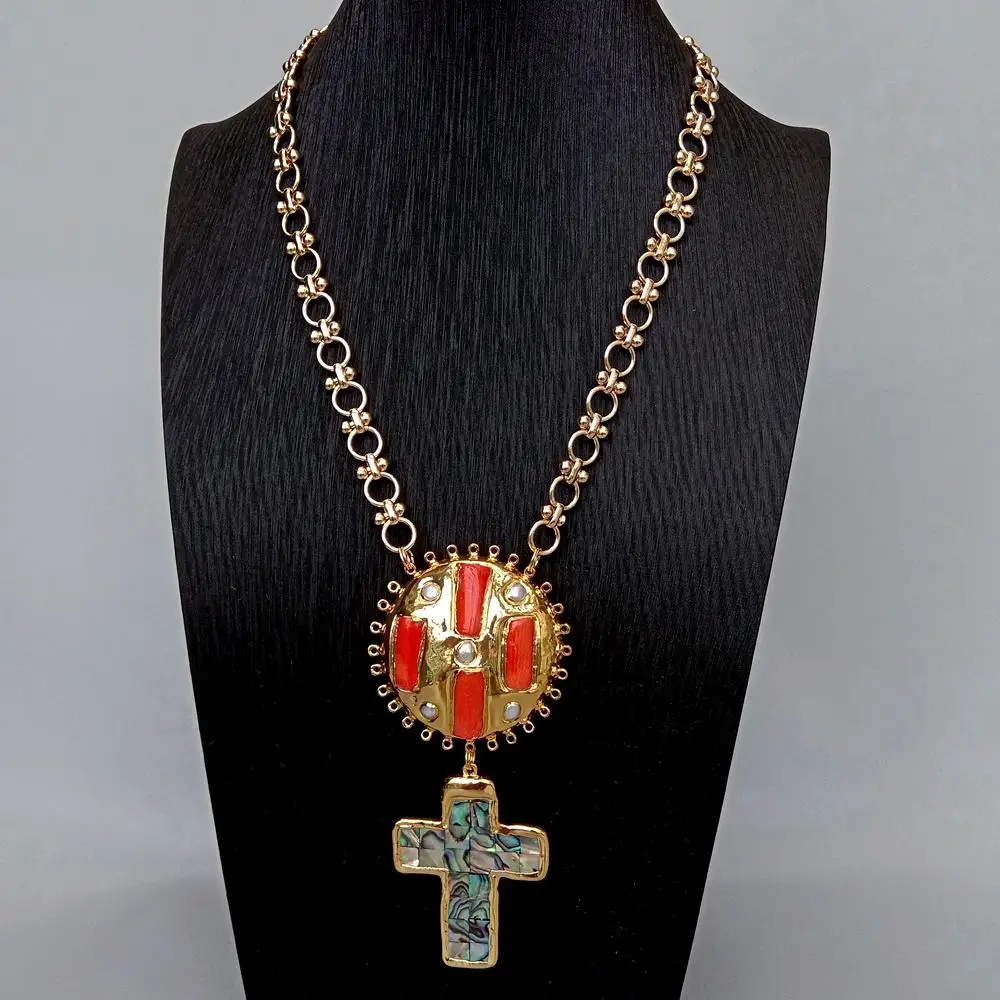 

Y·YING Orange Coral White Pearl Abalone Shell Cross Pendant Chain Necklace