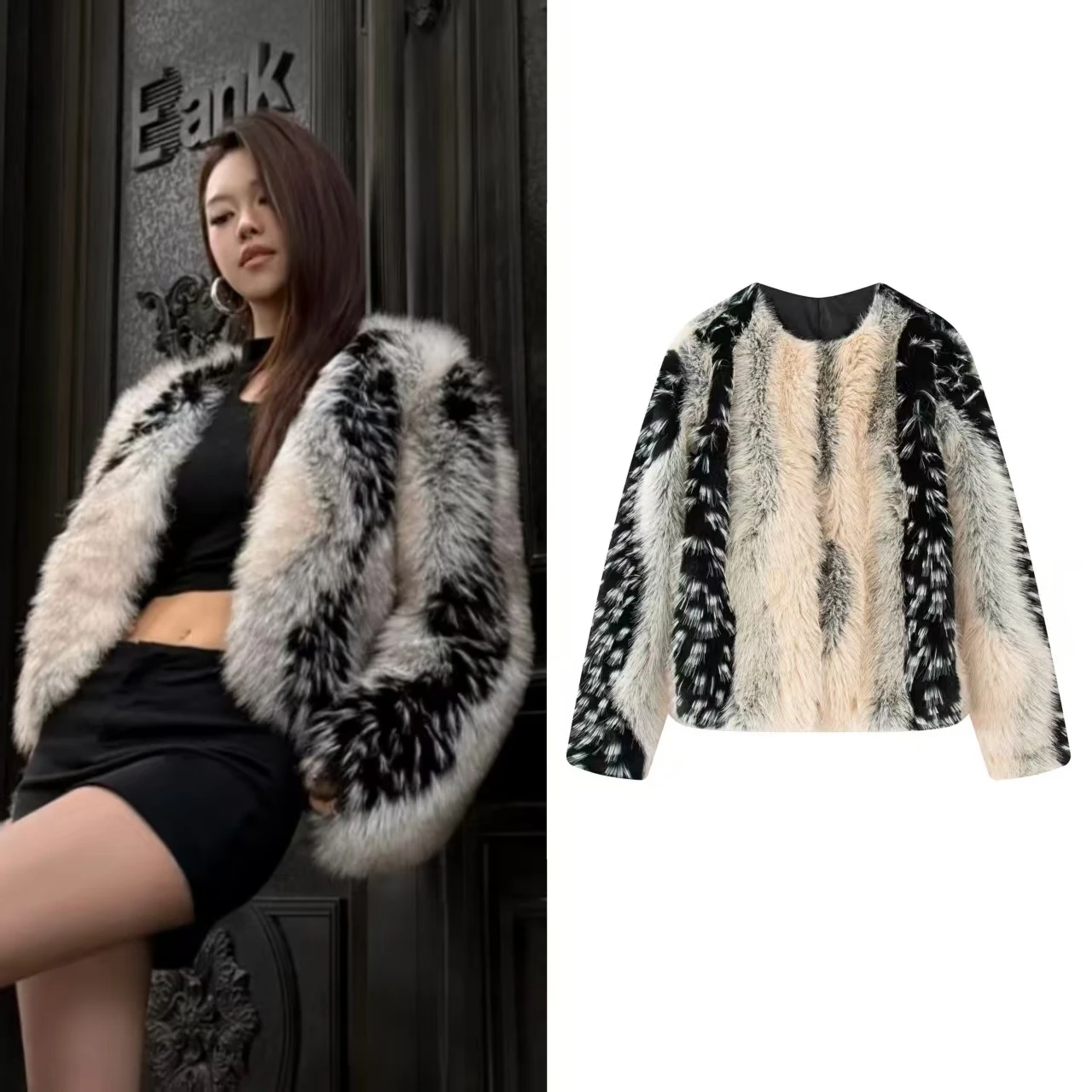 Guobioziy 2026 Fall Winter New Women's Jacket Color-Block Long-Sleeve Faux Fur Socialite-Style Warm Jacket Elegant and Fashion