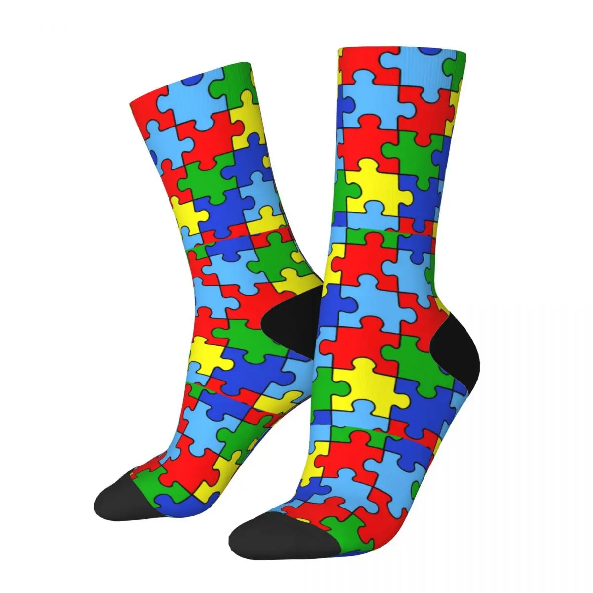 Autumn Winter Crazy Design Men's Women's Autism Puzzle Pieces Ribbon Socks Awareness Breathable Basketball Socks