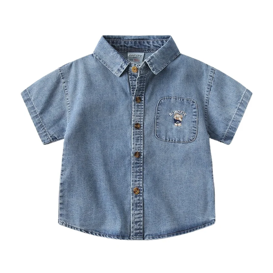 

Джинсовые рубашки для малышей с милым медведем, детские топы, летние наряды, детская одежда