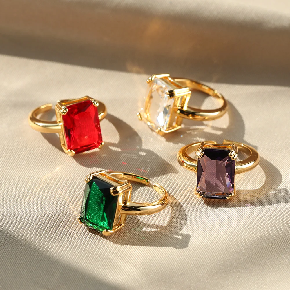 Vintage Colorful Zircon Square Ring for Women Gold Color Stainless Steel Open Ring Wedding Party Jewelry Gift