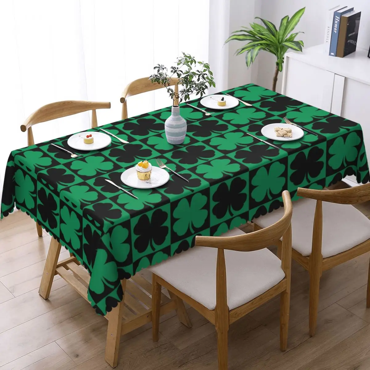 Custom Rectangular Green And Black Four Leaf Clover Floral Checkerboard Pattern Tablecloth Fit 40