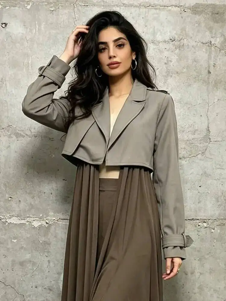 ONEXWEN Women's Brown 2-Piece Trench Coat Suit Blazer Top With Sheer Chiffon Maxi Skirt And High Waist Shorts ZM5306