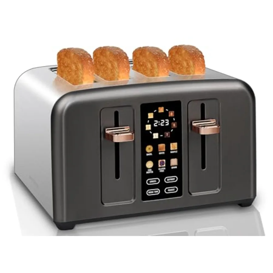 

4-Slice Stainless Steel Toaster with Touch Control and LCD Display 6 Bread Types 7 Shade Settings 1.5'' Wide Slots Cancel/Defro