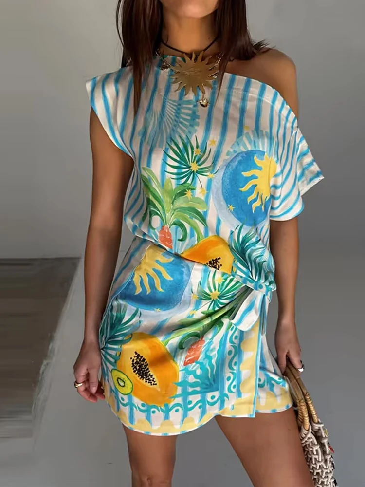 

Fashion Vacation Linen Sets Elegant Slant Shoulder Tops and Wrap Hip Skirt Outfits Women Casual Lace-Up Slim Summer Beach Suits