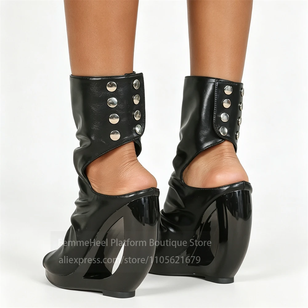 Glossy Faux Leather Hollow Cutout Wedge Ankle Boots Metal Rivet Open Toe Platform Womens High Heels Sexy Fashion Nightclub Party