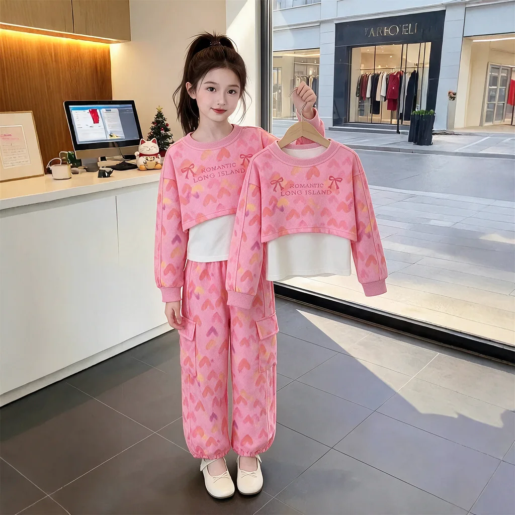 2026 Autumn Teenager Girls Sport Suit Clothes Long Sleeve Heart t-shirt Crop Top Sweatshirt + Loose Pants 4 - 12 Years Child Set