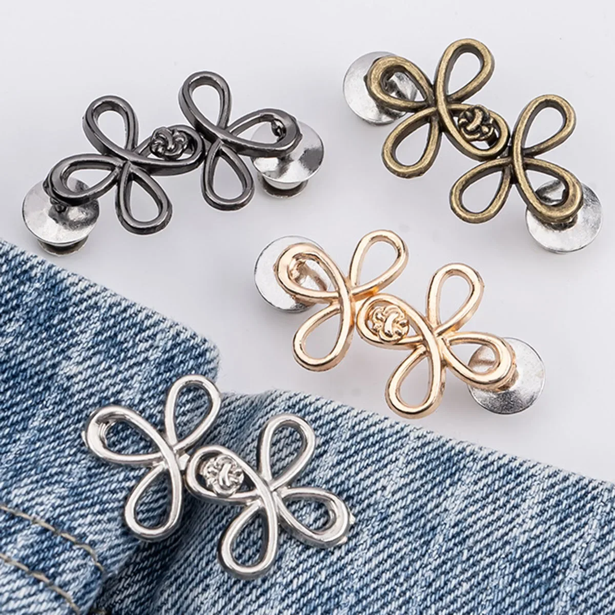 Clover Waist Button Fastener Adjustable Metal Jeans Buttons - Tighteners for Loose Denim, Instant No-Sew for Denim Trousers