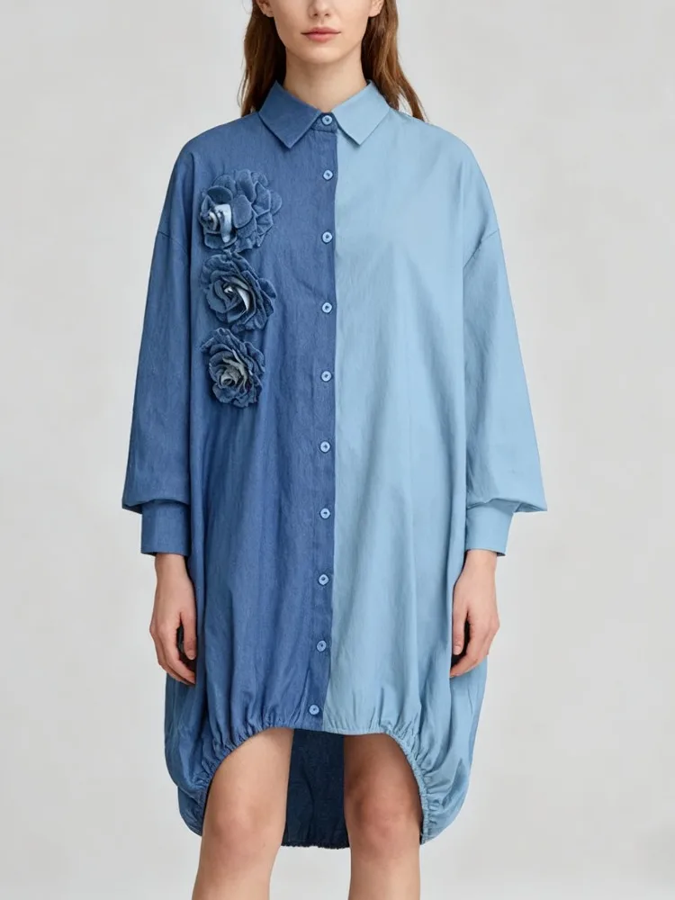 Gymystars Women Long Sleeve Loose Shirt Dress with 3D Flower Elegant Lapel Button Down Midi Dress for Casual Outing Office Wear