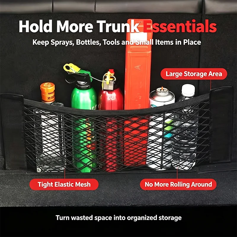 Car Trunk Storage Net Bag Magic Tape Sticker Elastic Mesh Pocket Auto Cargo Organizer for Water Bottle