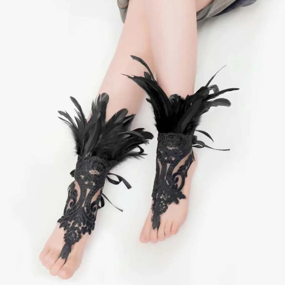 Creative Wristband Halloween Feather Gloves Embroidery Retro Feather Lace Glove Dark Gothic Women Halloween Cuffs Ball