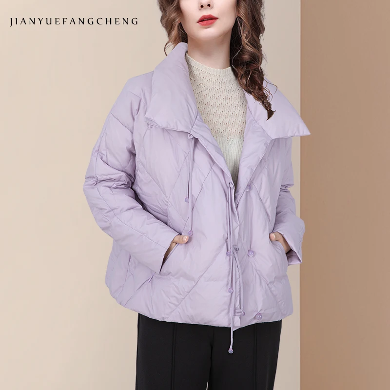 

Women' Winter High Neck Light Purple Down Jacket Warm Lightweight White Duck Down Padded Puffer Coat Loose-Fitting Short Top