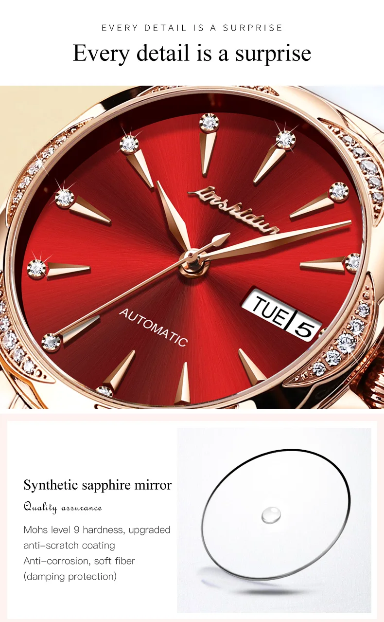 JINSHIDUN 8821 Automatikuhren für Damen, elegante Luxus-Keramik-Stahlarmbanduhr mit Doppelkalender, wasserdichte mechanische Damenuhren – Detail 11