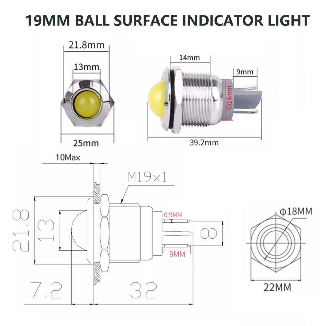 ABILKEEN 10 Uds 19MM luz indicadora de Metal LED IP65 lámpara piloto de señal Industrial impermeable 3 ~ 220V con Terminal de soldadura de 2 pines