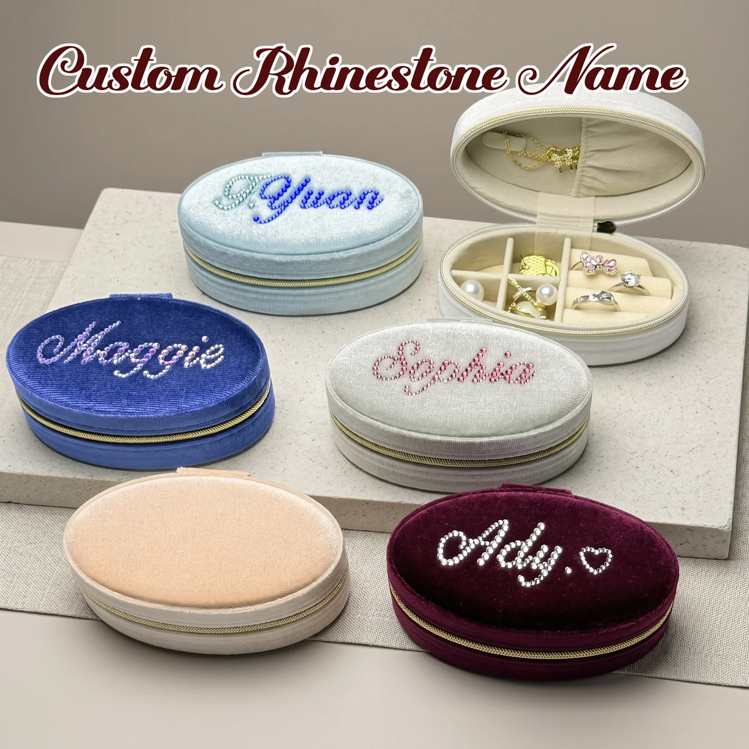 Velvet Jewelry Box Custom Rhinestone Name Travel Pouch Organizer for Women Girls Earrings Rings Necklace Storage Gift