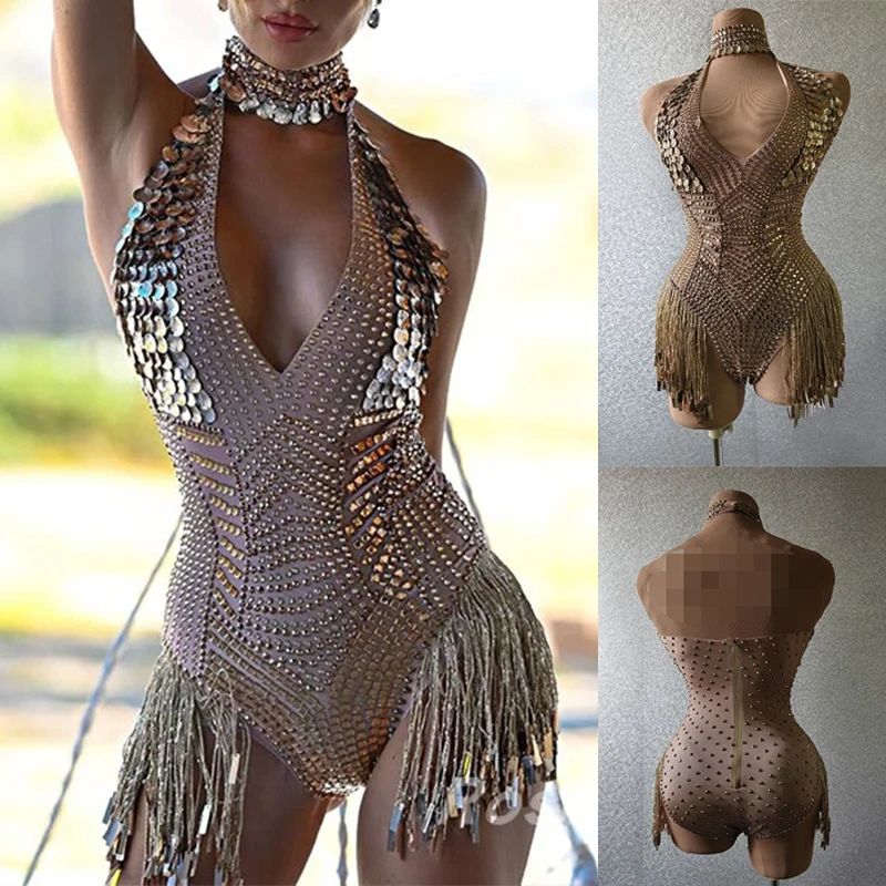

Gogo Show Dance Costume Sexy Halter Sleeveless Bodysuit Nightclub Bar Ds Rave Outfit Gold Performance Wear Festival Costume 2628