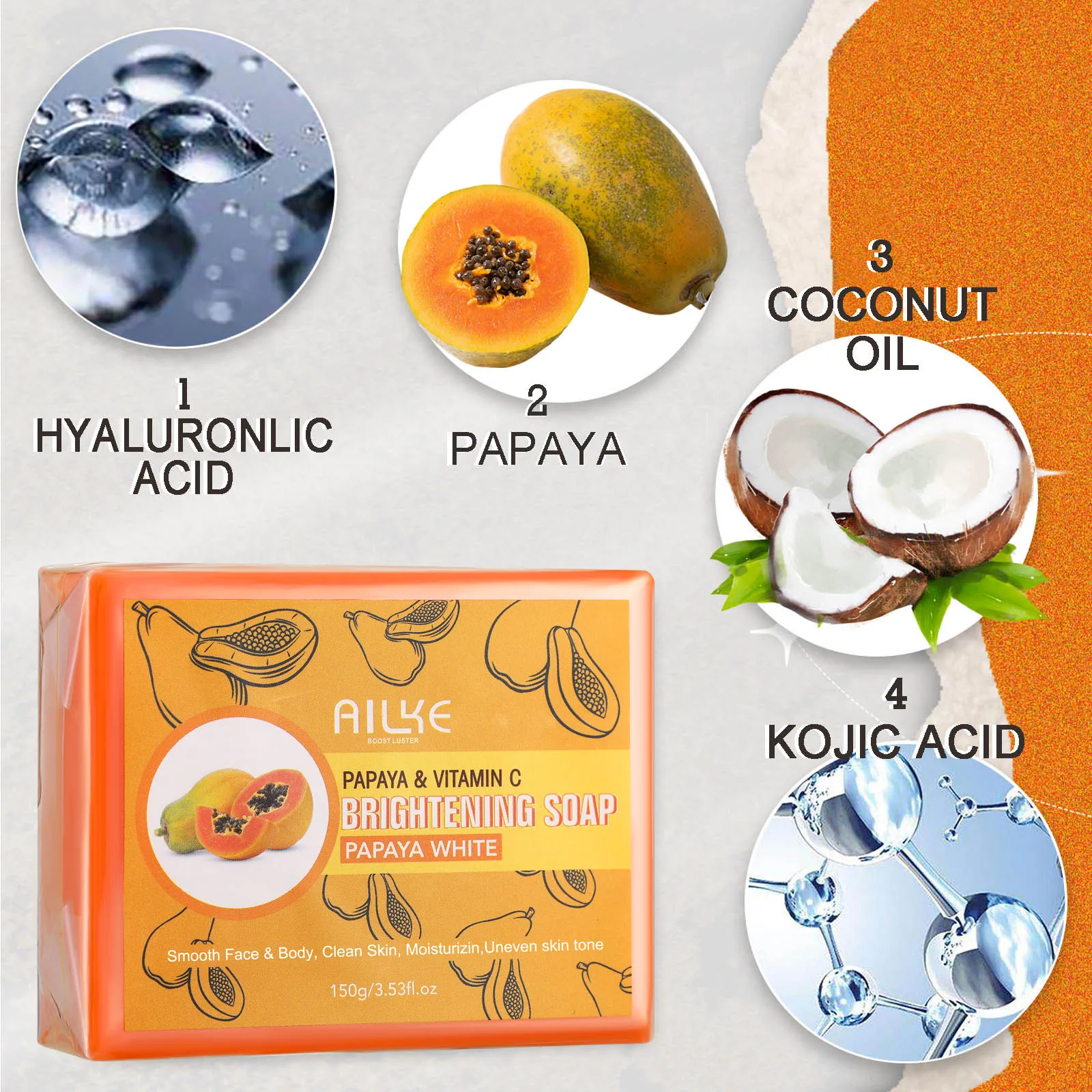 AILKE-Papaya Regina Bar, Nettoyant en profondeur, Hydratant, Peau lisse et douce, Éclaircissant, Convient pour le visage et le corps, Naturel