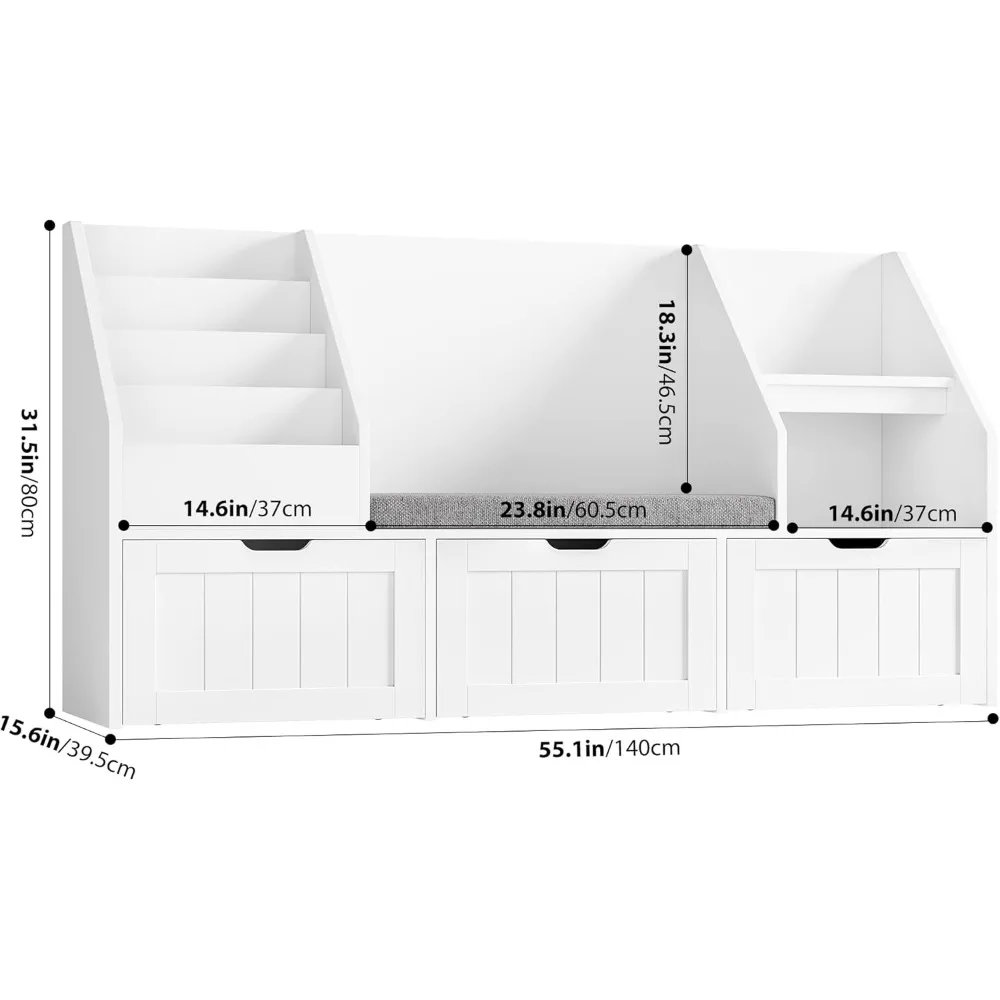 55.1’’ Kids Bookshelf with Reading Nook, Toy Storage Organizer with Seat Cushion and 3 Movable Drawers, Kids Reading Nook image 3