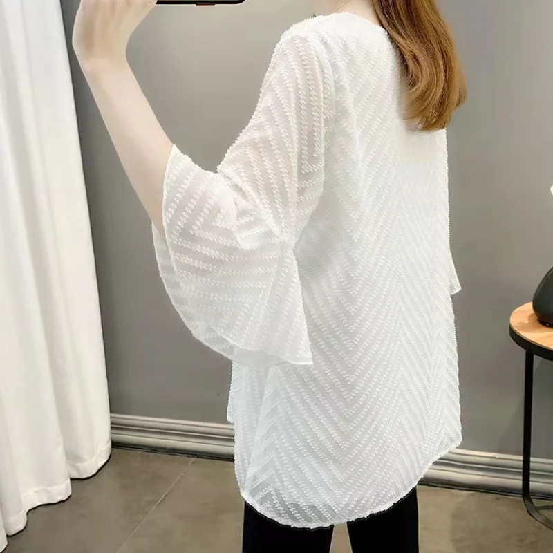 Summer Casual Women V-Neck Petal Sleeve Chiffon Shirt Sheer Loose Plus Size Top Office Lady Solid Elegant Trend All-Match Blouse