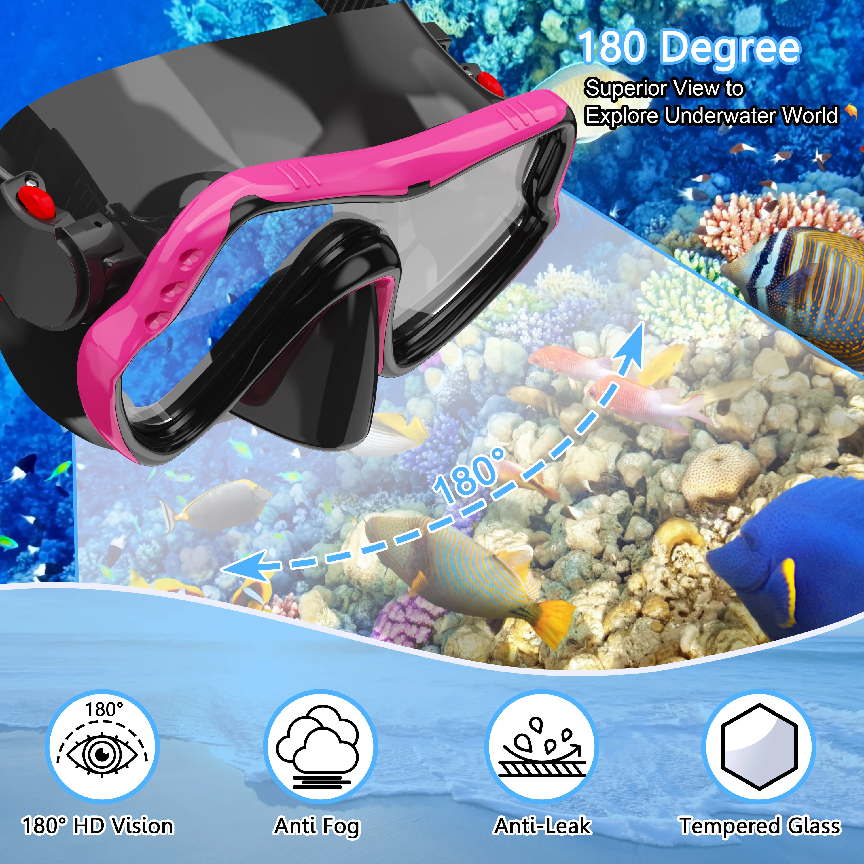 Máscara de esnórquel, gafas de natación, máscara de buceo de marco grande de vidrio HD antivaho profesional con cubierta para la nariz, adecuada