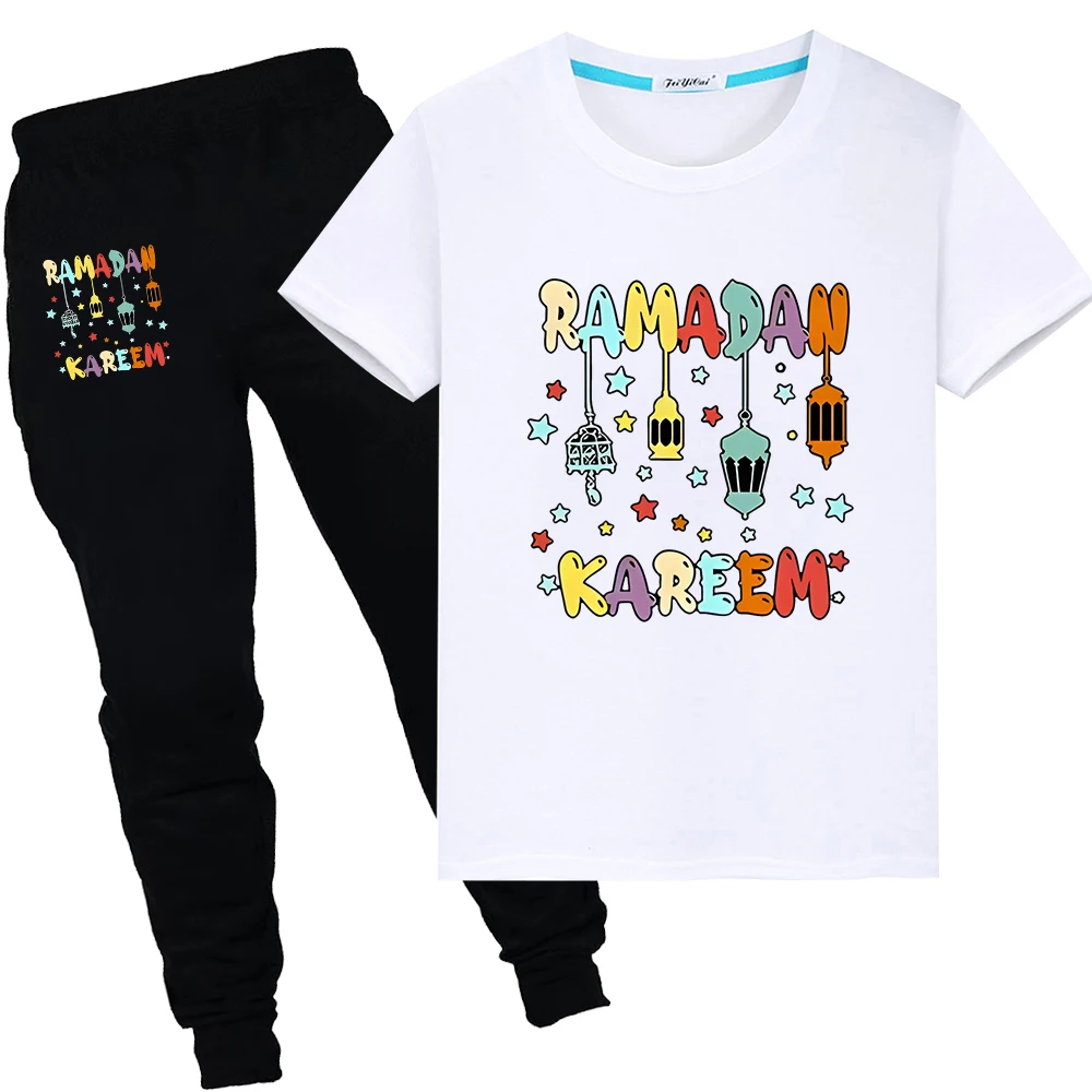 Eid Ramadan Muslim Print Summer T-shirt boy girl Sets Holiday gift Short Tops+pant Kids With Moon Ramadan Mubarak Festive Outfit