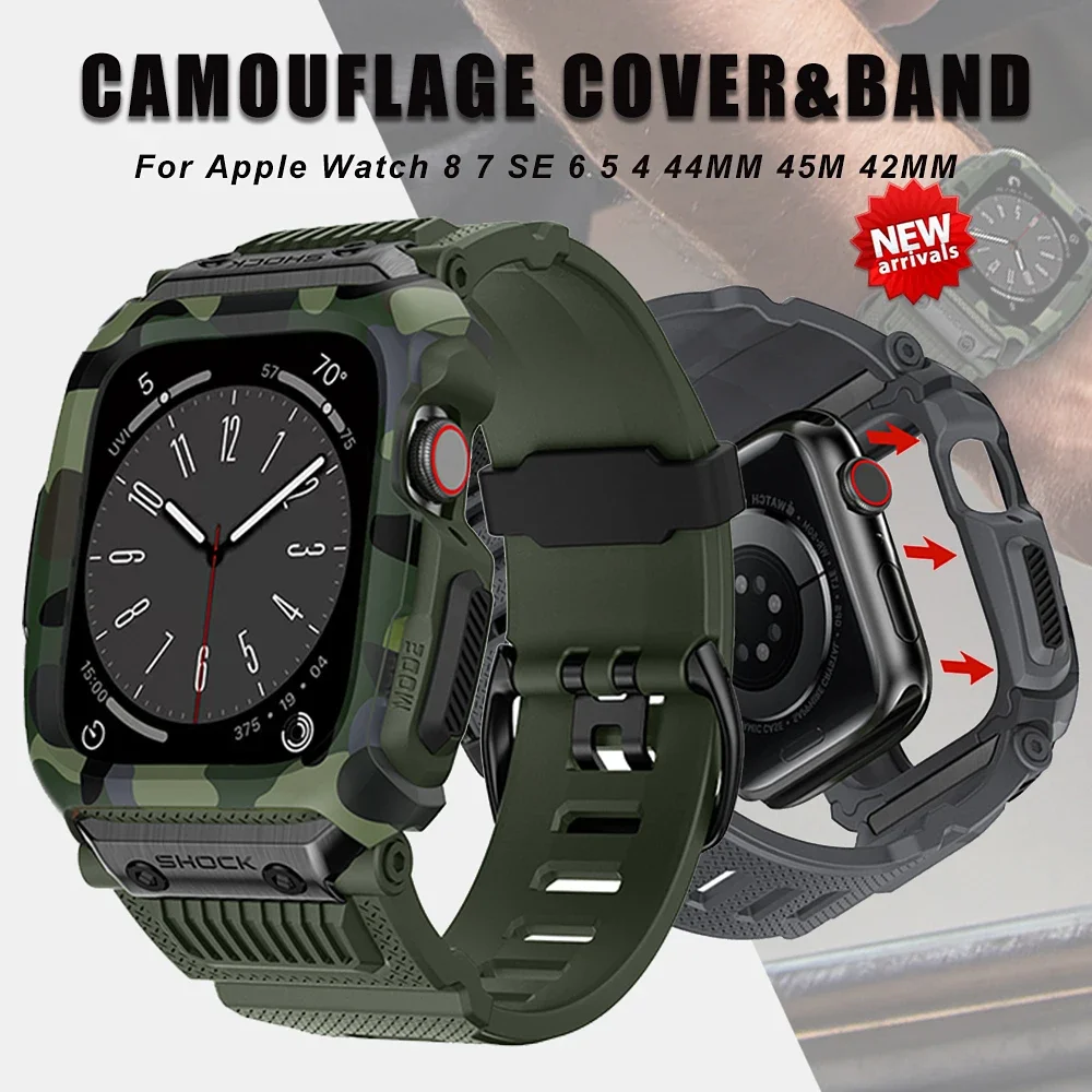 Army Camouflage Sport Case For Apple Watch 8 7 SE 6 Band 45mm 44mm 42mm Waterproof Drop-Resistant Integrated Strap Mod Kit