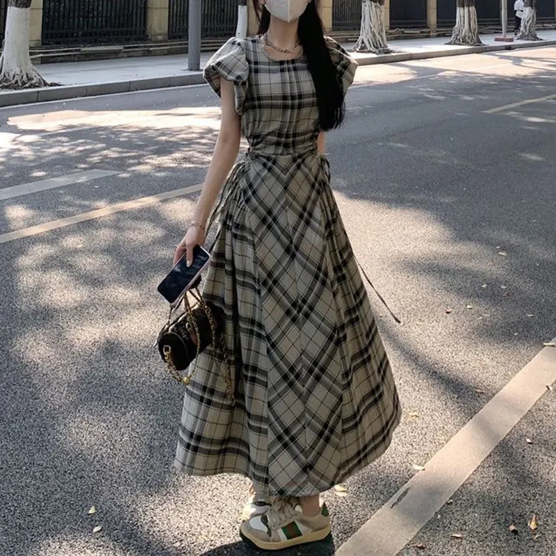 Vintage Plaid Aura Waist Long Dress Summer French Style A-Line Female Clothing Short Sleeve Stylish Cut Out Drawstring Dresses
