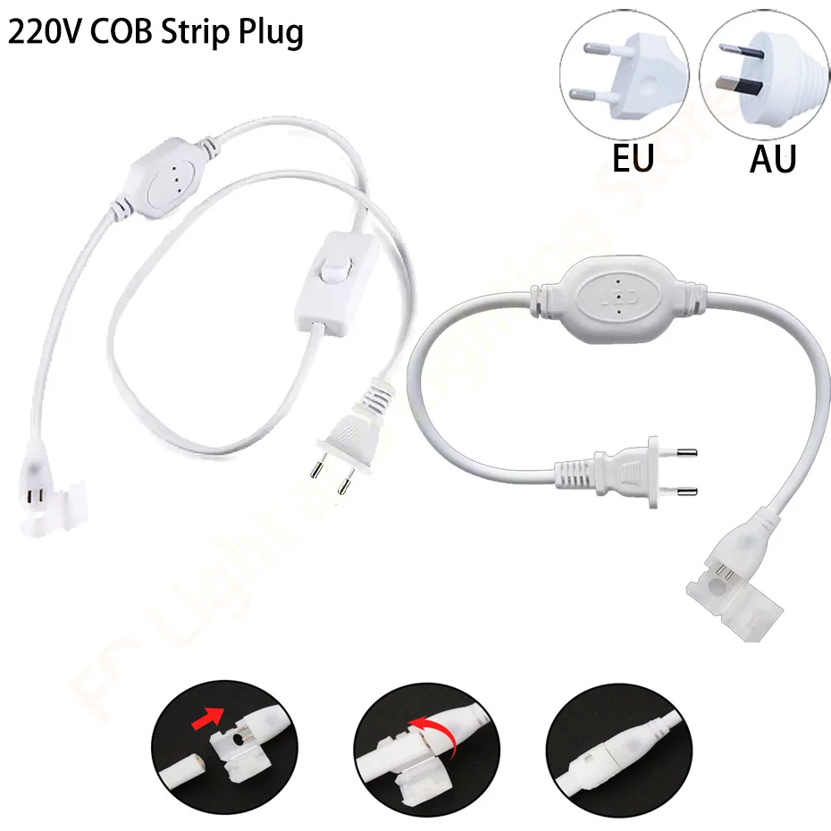 AU/EU Power Plug for 220V 288 LEDs/m COB LED Strip Connector Supply Plug with ON/OFF Button Switch Cable Light Accessories Plug