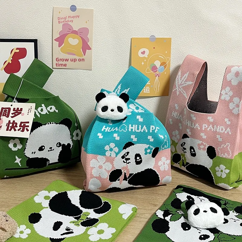 Chinese Style Knitted Handbag Baby First Birthday Party Favour Bag Panda Themed Woven Strap Bag Soft Fabric Unisex Gift Bag