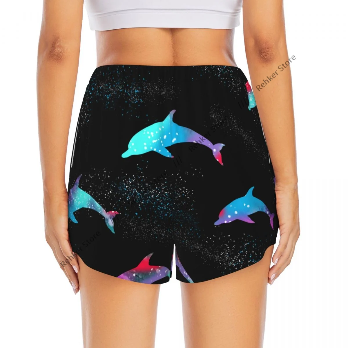 イルカのシルエットの女性の二重層速乾性アスレチックショーツ、アウトドアレジャーランニングフィットネスワークアウトスポーツ用