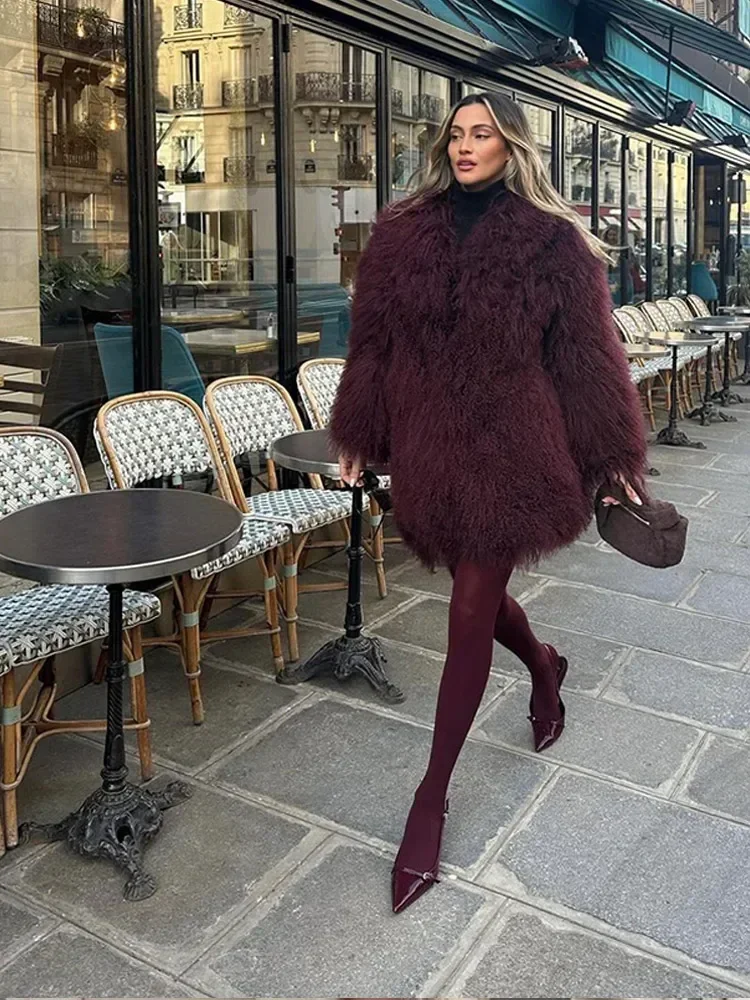 Burgundy Short Plush Faux Fur Coat Women Female Thicken Warm Long Sleeve Lapel Jackets Fashion Vintage Street Loose Outerwears