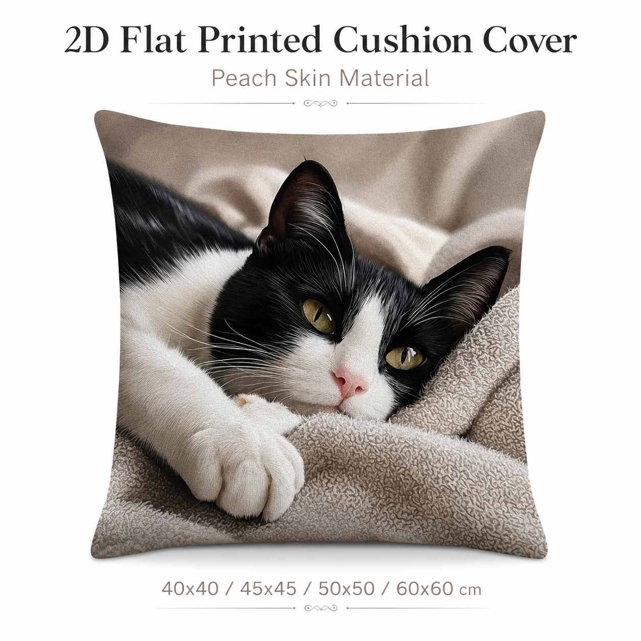

Cute Tuxedo Cat Pillowcase 2D Flat Printed Peach Skin Cushion Cover Realistic Animal Pet Sofa Living Room Home Decor