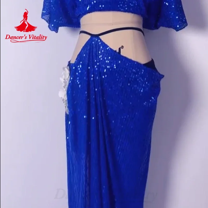 Traje de danza del vientre personalizado para mujer, Top de manga corta con cuello en V + Falda larga dividida, trajes de actuación de baile Oriental 2ps