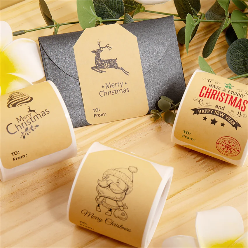 50-100Pcs Merry Christmas Kraft Paper Stickers Labels Xmas Gift Name Tag  Elk  For Cards  Box Decorations