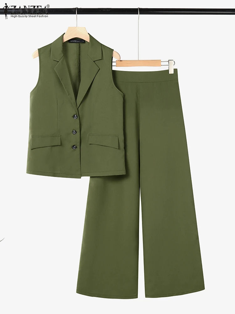2025 ZANZEA Summer Pant Sets Women Solid Work OL Tracksuits 2PCS Outfits Elegant Sleeveless Vests Tops Wide Leg Trousers Suit